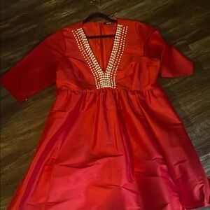 eShakti Red Formal Dress with Beaded Detail